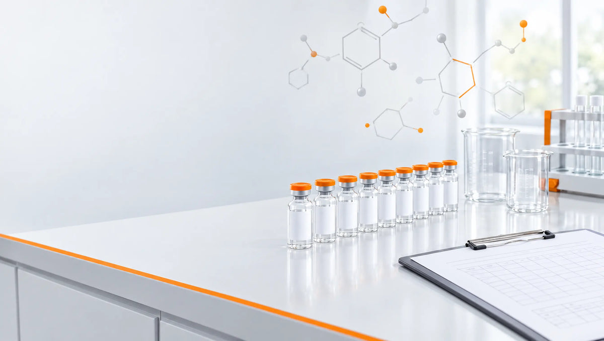Laboratory bench with sealed research peptide vials, glassware and molecular structure graphics in orange and grey