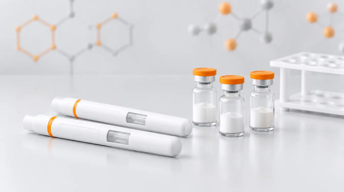 White pre-filled research peptide pens with orange bands beside sealed lyophilised peptide vials on a light grey lab bench with molecular graphics