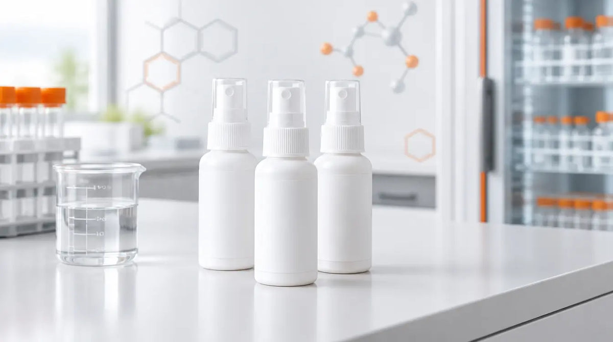 White unbranded research nasal spray bottles on a light grey laboratory bench with a beaker and orange molecular structure graphics