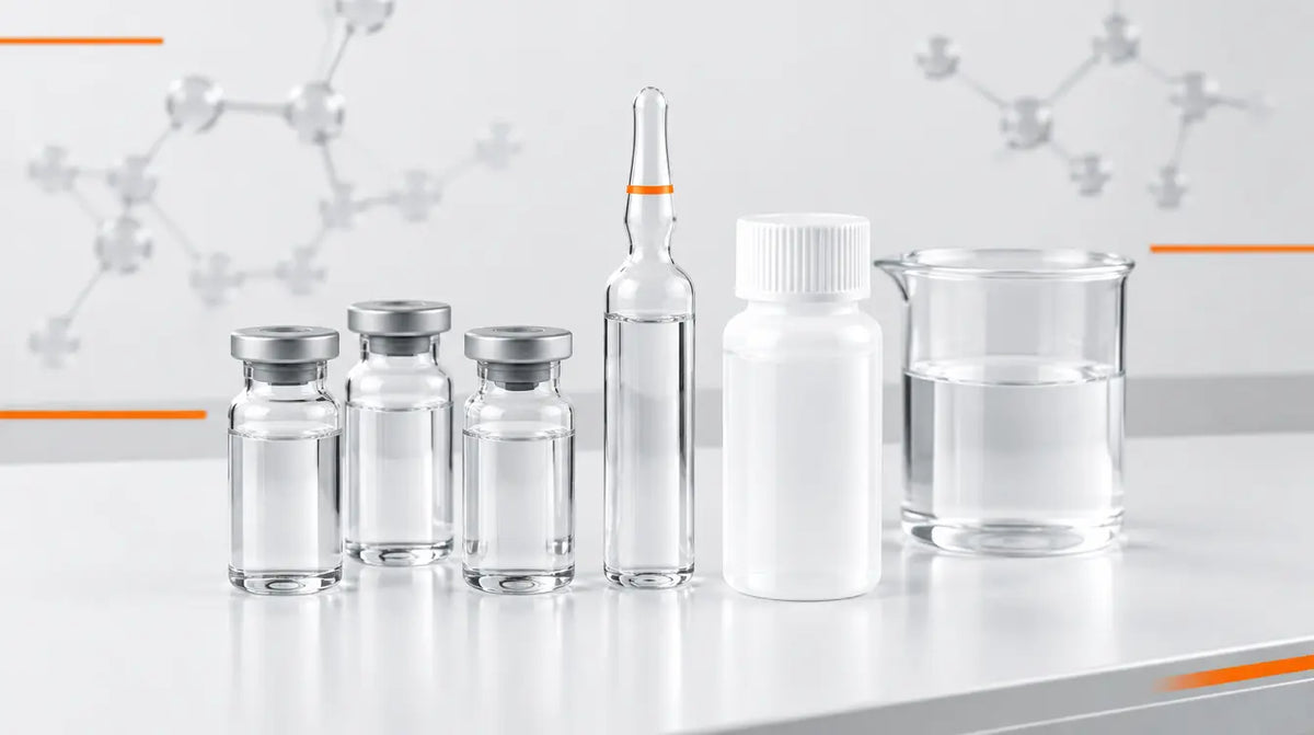 Unbranded glass vials, a sealed ampoule and a white bottle of clear reconstitution solution on a white lab bench with orange molecular graphics
