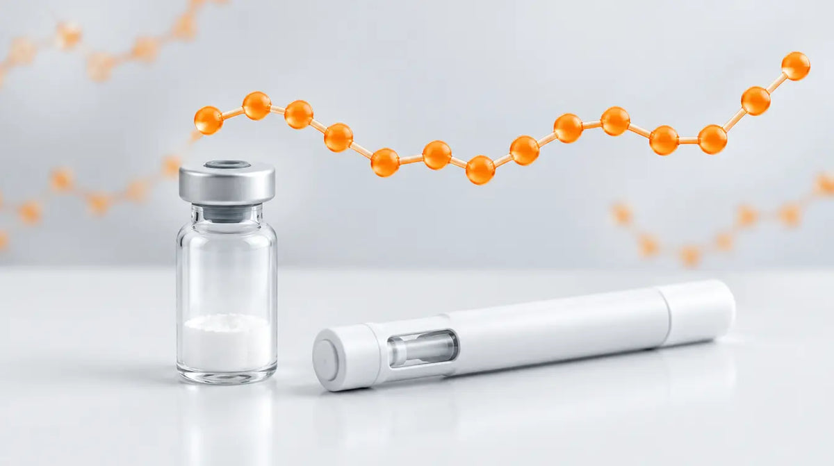 Unbranded glass vial of white lyophilised peptide powder beside a white pre-filled pen on a light grey lab bench, with an orange 15-unit peptide chain graphic